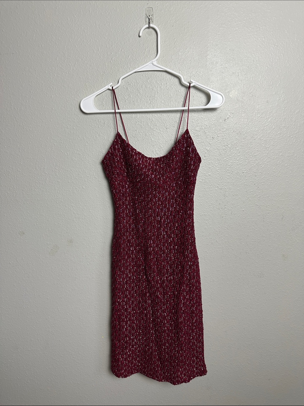 Hot kiss 90s vintage  Burgundy metallic textured Knit Spaghetti Strap Mini Dress